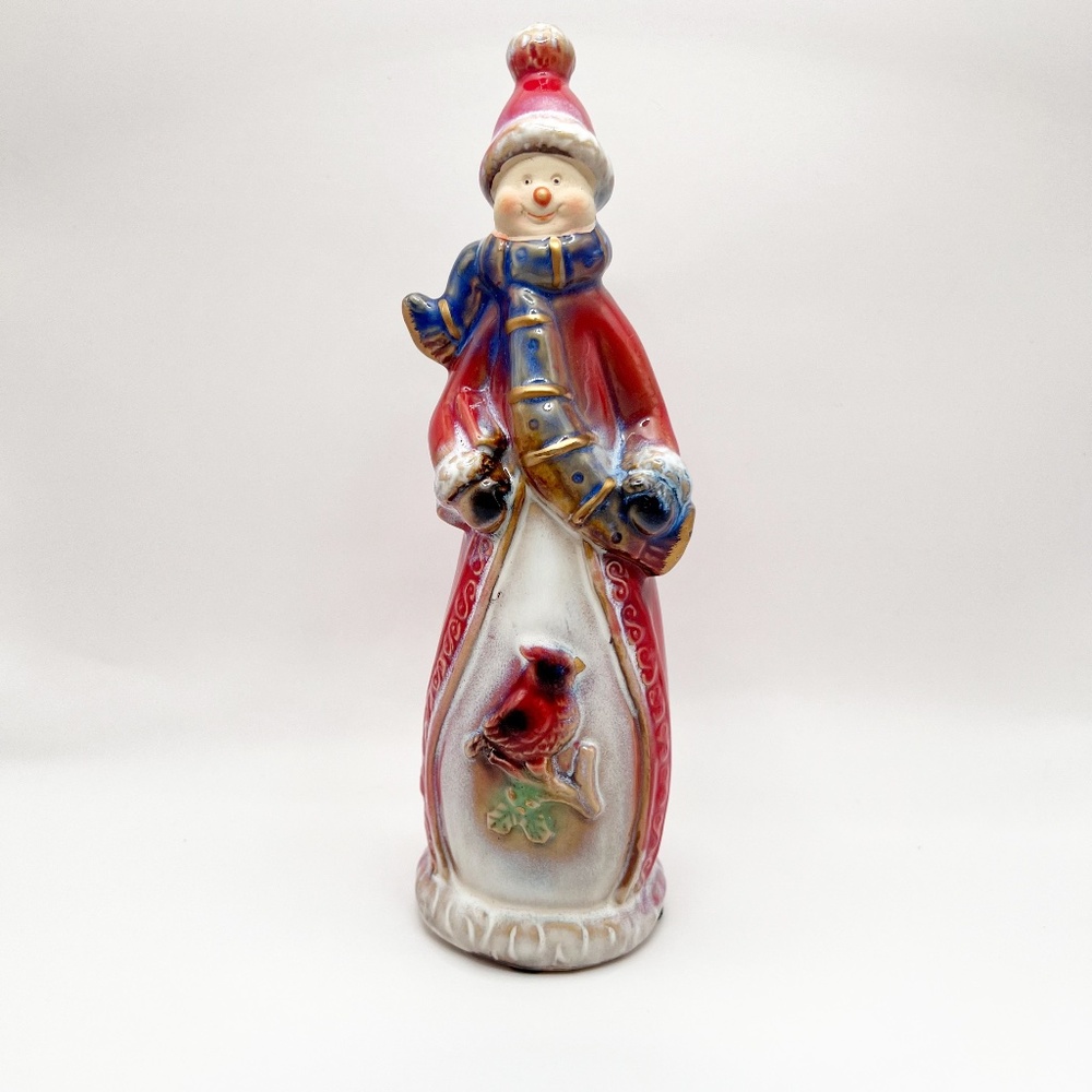 Christmas Winter Snowman Cardinal Bird Ceramic Glazed Vintage EXCELLENT RARE
